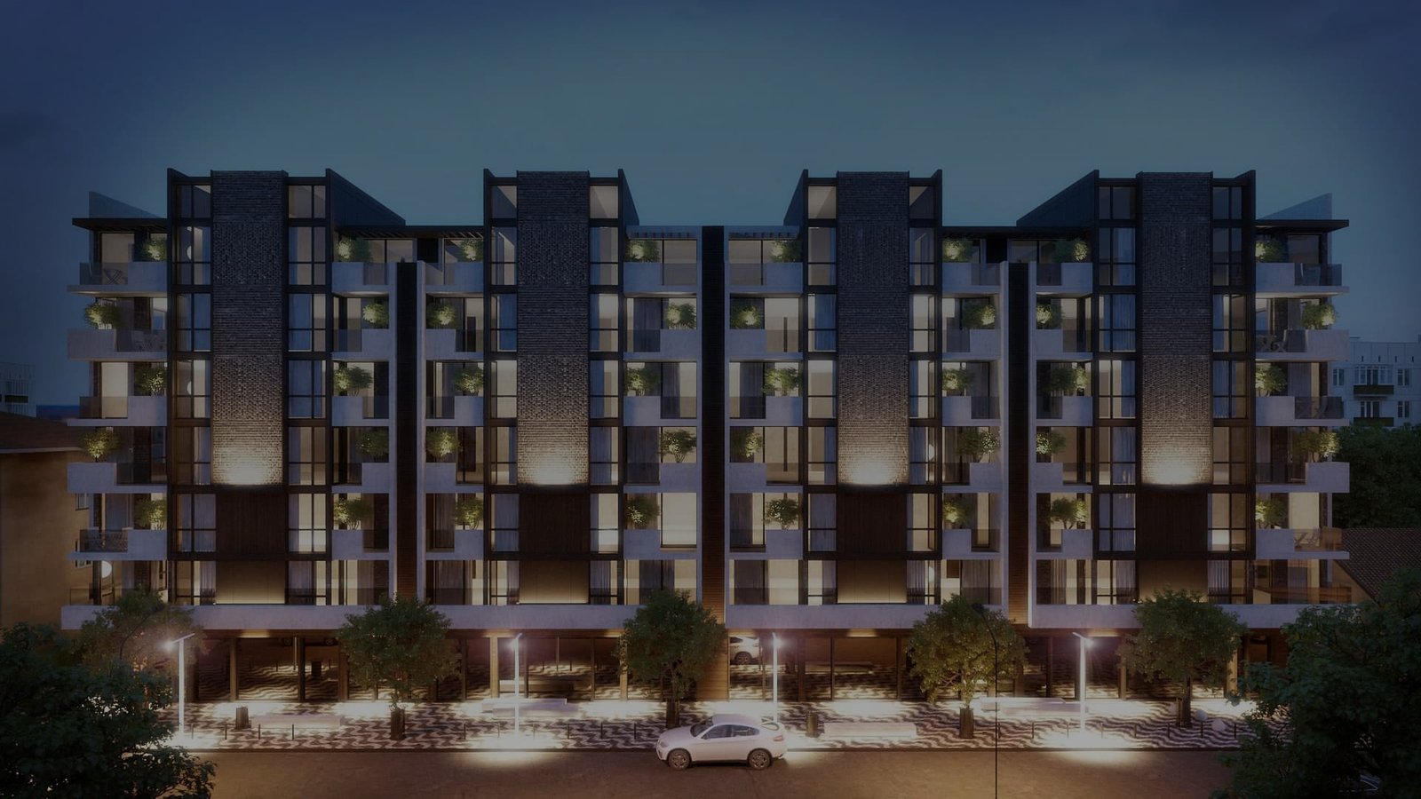 Rendering of the 9 May Building at night, street view
