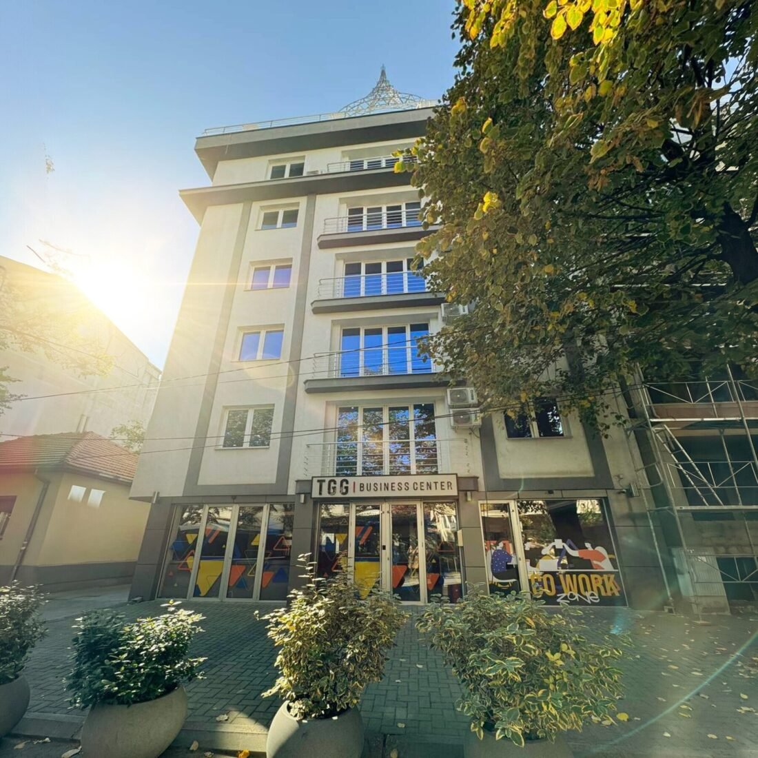 The TGG Business Center building at Pirinska 29, with the TGG Business Center sign over the entrance